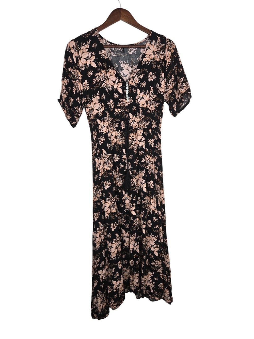 BROVAVE Black Floral Boho Midi Dress SZ L Cottagecore Romantic - Picture 5 of 10